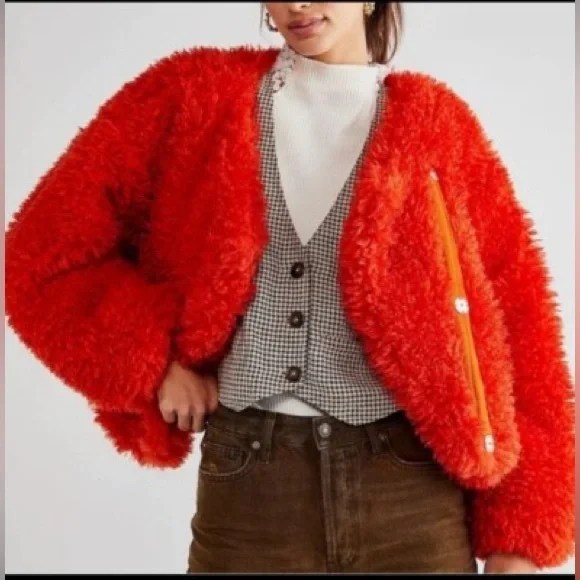 EUC. Free People Lena Teddy Jacket Orangish-red XS - Picture 3 of 11